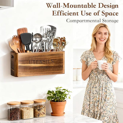 Utensil Holder for Kitchen Countertop, Extra Large Acacia Wood Organizer, 4-Compartment Storage for Cooking Tools, Farmhouse-Style Cutlery Holder