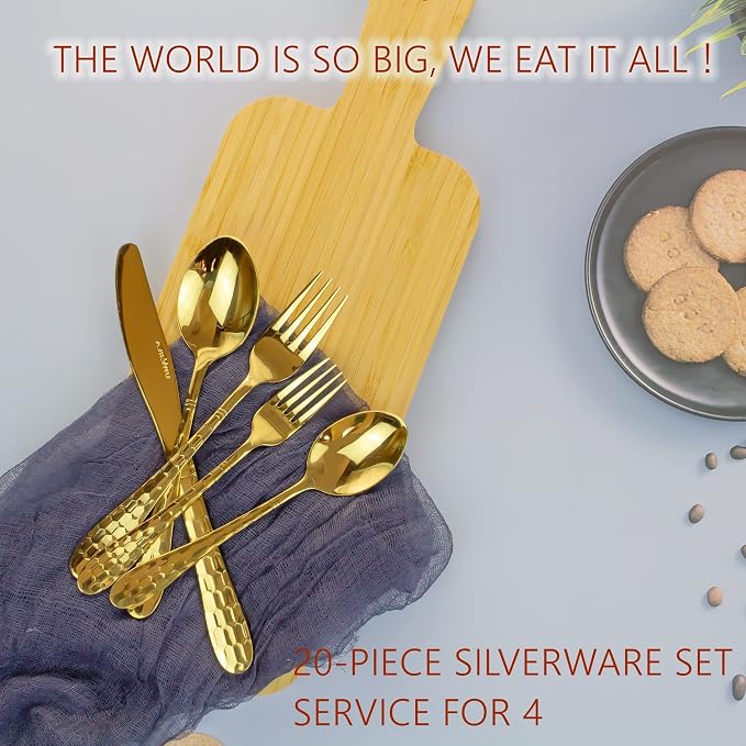 20 Piece Silverware Set for 4, Hammered Silverware Set 18/10 Stainless Steel - Image 6