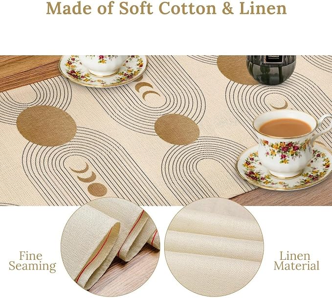 Boho Table Runner Mid Century Modern Style Abstract Geometrical Gold Round Sun - Image 6