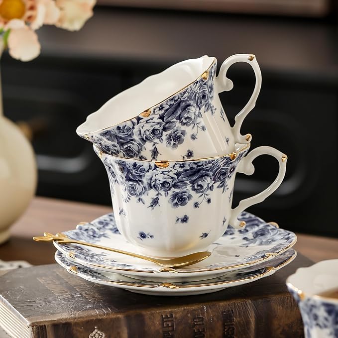 TATSUMI Country Roses Bone China Tea Cup and Saucer Set, 6 Pieces, Vintage Style - Image 5