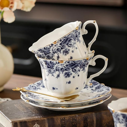 TATSUMI Country Roses Bone China Tea Cup and Saucer Set, 6 Pieces, Vintage Style - Image 5