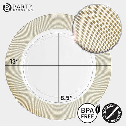 PARTY BARGAINS 13-Inch Charger Plates - 8 Pack, Clear Gold Rope Textured Rim, Heavy-Duty Disposable Chargers for Elegant Dining - Ideal for Weddings and Formal Events