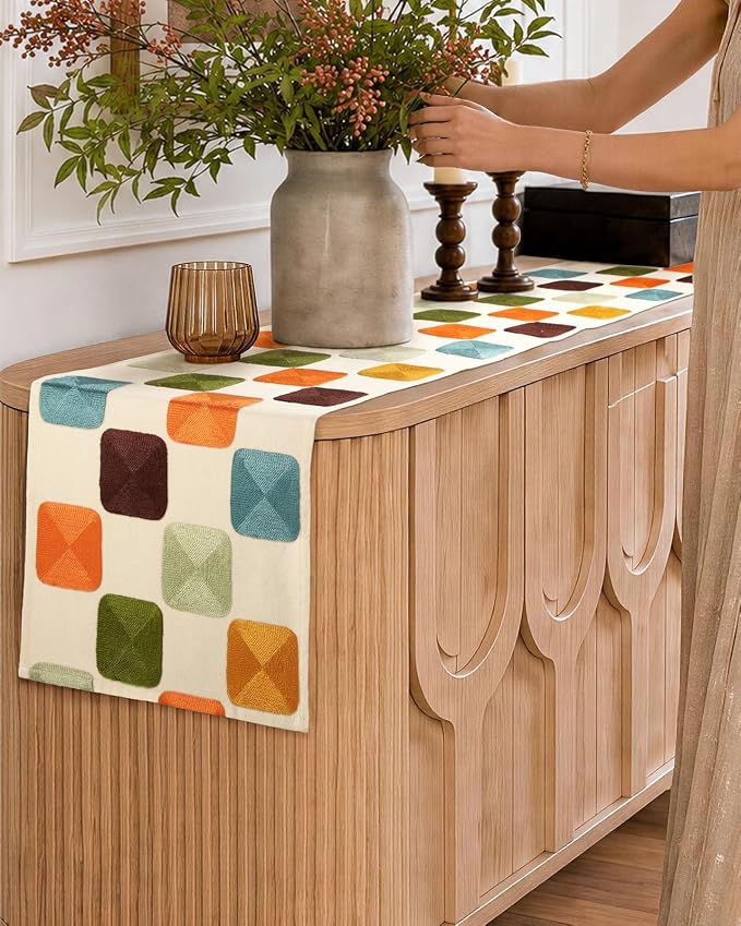 Embroidered Canvas 13"x 72" Narrow Table Runner, Mosaic | Exquisite Embroidery - Image 6