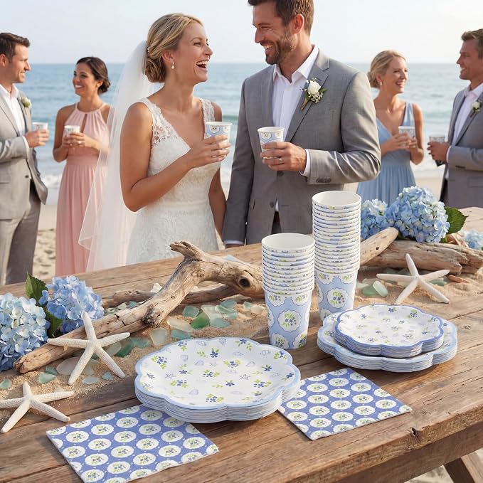 250 Pcs Blue Seashell Disposable Paper Plates and Napkins | Scalloped Design - Image 6