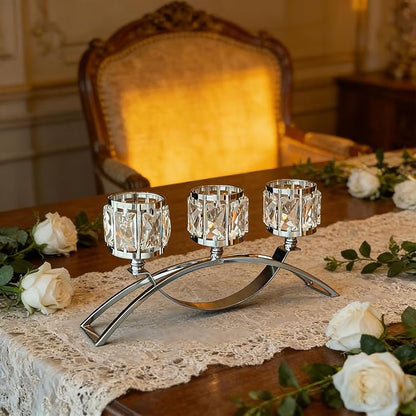 3 Arms Crystal Candle Holders, Arch Candlestick Table Candelabras Centerpieces for Wedding, Dinning Room, Cabinet Ornaments, Home Decoration， Gift (Silver, 2 Pcs-3 Arm Arched)