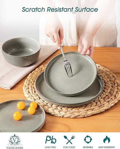 vancasso ANYA 24 Pieces Plates and Bowls Set, Stone Grey Dinnerware Sets, Reactive Glaze Dishes Set for 8, Ceramic Dishware Sets Kitchen Dinner Set, Microwave & Dishwasher Safe
