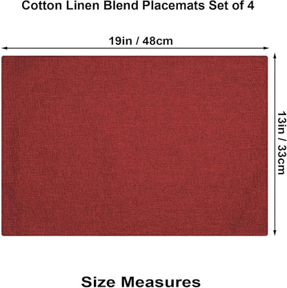Cloth Placemats Set of 4, Cotton Linen Blend Machine Washable Double Layered Durable Place Mats Heat Resistant Placemats Wrinkle Free Thick Fabric Dining Table Mats (Red, 4)