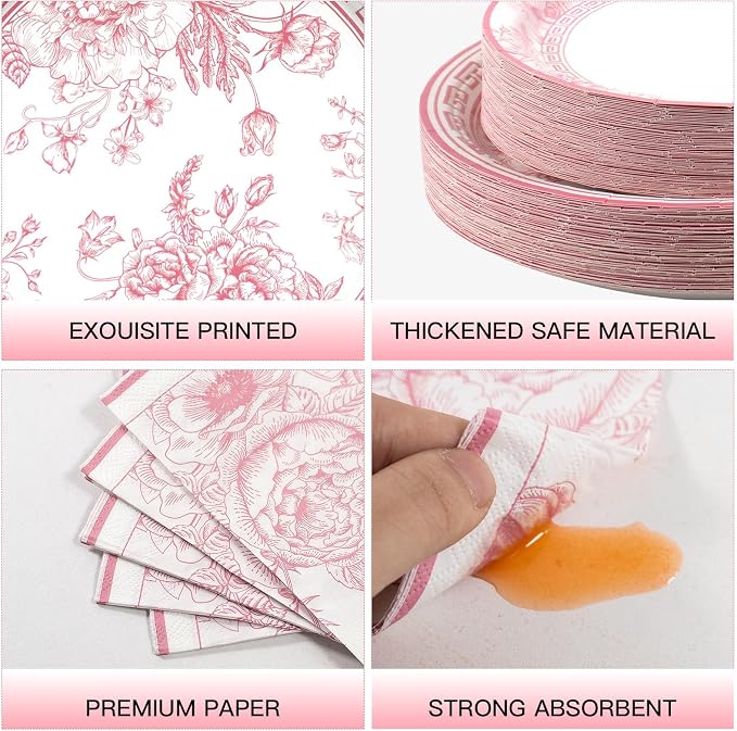 Pink White Floral Paper Plates and Napkins Party Supplies Serve 60 | 180PCS - Image 3