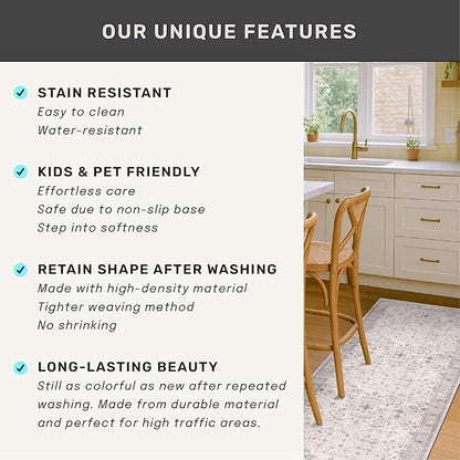Boho Light Grey 5x7 Living Room Rug - Modern Vintage Eclectic Floral Pastel Neutral Taupe, Washable Low Pile Non-Slip Large Area Rugs for Nursery Dining Under Table Bedroom Lounge