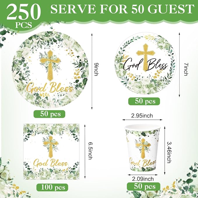 Pickmesh 250 Pcs God Bless Baptism Party Supplies Sage Green Disposable Paper - Image 3
