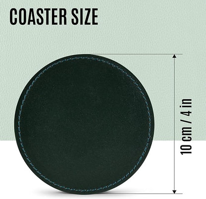 Genuine Leather, Premium Table Coasters by Leatherific, Round, 4 inch, Set of 6, with Holster, Handcrafted, Hand Made, Non Slip Drink Mats, Green (Forest Green, 4")