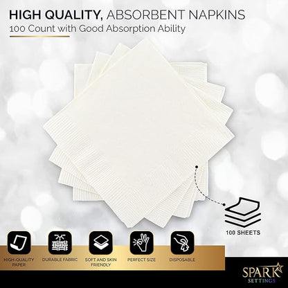 100 Pack White Beverage Napkins, Big Party Pack, 2 Ply, Ideal for Wedding, Party, Birthday, Dinner, Lunch, Cocktails. (5” x 5”) by Amcrate