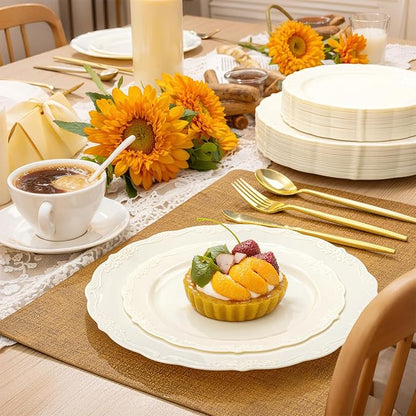 U-QE 100 Pieces Ivory Plastic Plates for Party - Ivory Disposable Plastic Plates - Heavy Duty Disposable Platos Including 50 Dinner 10 '' & 50 Dessert 7.5 '' for Valentine's Day