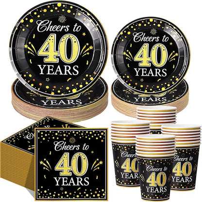 Pickmesh 250 Pcs 40th Birthday Disposable Tableware Set Black and Gold Cheers to 40 Years Disposable Paper Plates Napkins and Cups for 40th Birthday Wedding Anniversary Party Supplies Decorations