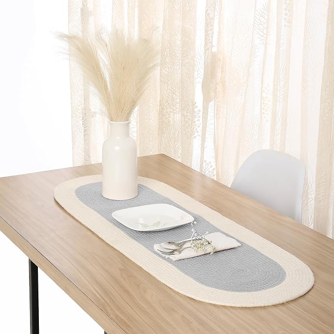 Encasa XO Dining Table Runner, Handmade Ribbed Cotton 12"x36" Light Grey & Off by EncasaXO