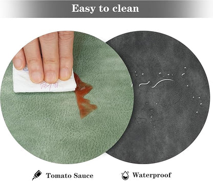 Round Placemats and Coasters Set of 6, Washable Reversible Faux Leather Placemats Cowhide Pattern Place Mats Wipeable Non-Slip 15 inch Round Kitchen Dining Table Mats (Gray Green, 6)