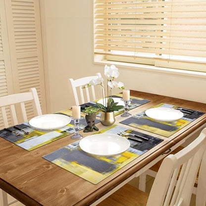 Emvency Farmhouse Placemats Set of 4, Vintage Yellow and Dark Gray Abstract Art Painting 12x18 Inch Table Mats for Outdoor Home Party Kitchen Dining Decoration