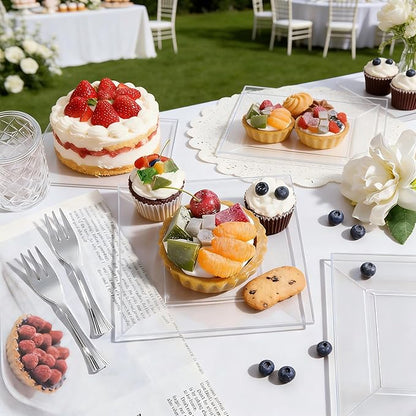supernal 200pcs Clear Dessert Plates with Silver Dessert Fork, Clear Square Plates, Appetizer Plates,Silver Plastic Silverware, Perfect Choice for Wedding and Party