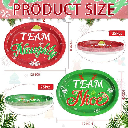 50Pcs Christmas Oval Paper Plates Team Naughty Team Nice Party Decorations 10" x 12" Large Disposable Heavy Duty 400GSM Red and Green Christmas Dinner Plates for Xmas Holiday Cocktail Party Supplies
