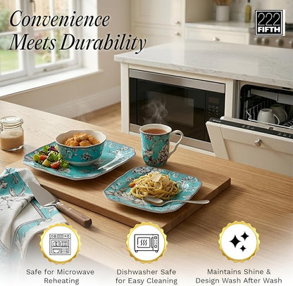 222 Fifth Adelaide Turquoise 16-Piece Porcelain Dinnerware Set | Microwave and - Image 4