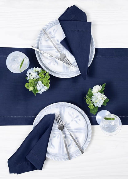 Solino Home 100% Pure Linen Dining Table Runner Navy Hemstitch, 14 x 132 in | - Image 3