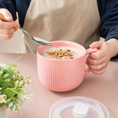 Ceramic Soup Bowl with Handle & Lid, Large 32oz Microwave Ramen Bowl Pink | - Image 6