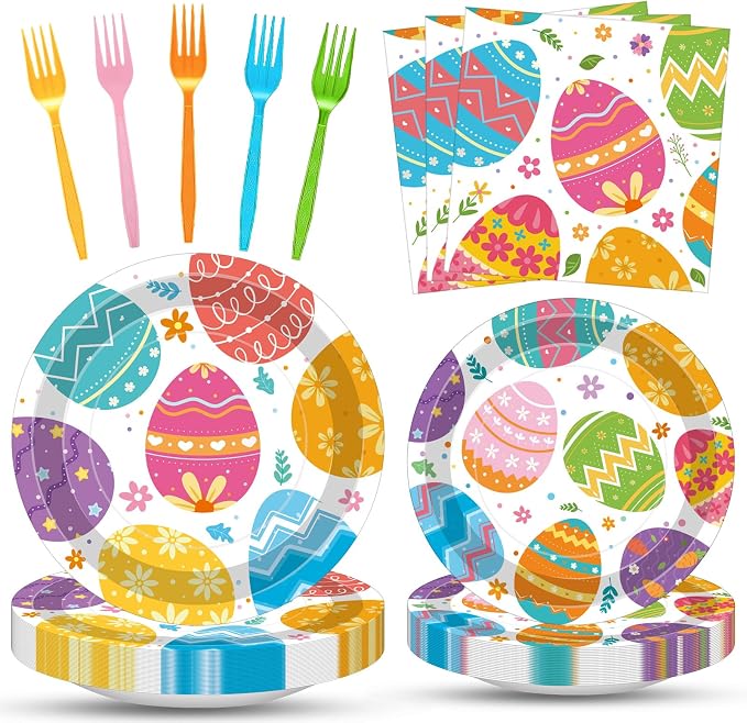 100 Pcs Easter Egg Tableware Party Supplies Set, Serves 25 – Disposable by Merriva