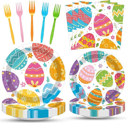 100 Pcs Easter Egg Tableware Party Supplies Set, Serves 25 – Disposable by Merriva