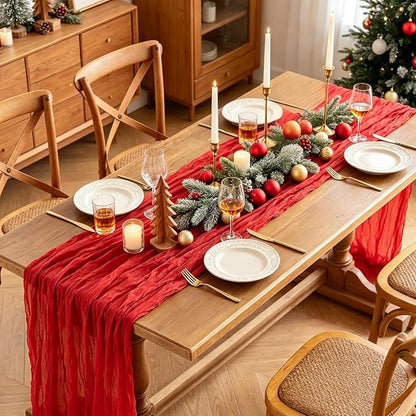 Red Cheesecloth Table Runner, 10FT Rustic Christmas Red Boho Gauze Table Runner - Image 3