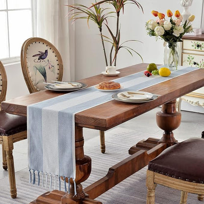 Wracra Linen Table Runner, Stripe Table Runners 60 Inches Long Blue | Delicate - Image 7