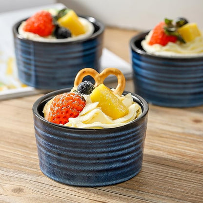 Ceramic 4 oz Ramekins,Small Souffle Dishes Set of 6, Mini Baking Bowls for Kitchen, Porcelain Dipping Sauce Cups for Creme Brulee, Pudding, Ice Cream, Lava Cakes, Microwave & Oven Safe, Blue