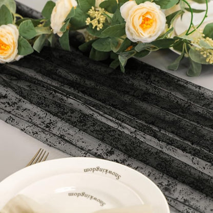 Snowkingdom Black Table Runner, 10FT Sheer Tulle Gauze Metallic Mesh Foil Table - Image 6