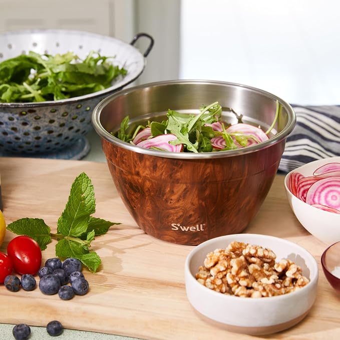 S’well Stainless Steel 64oz Salad Bowl Kit, Teakwood Finish, Includes 2oz - Image 5