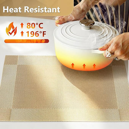 Placemats,Table Place Mats for Kitchen Dining, Heat-Resistant Anti-Skid Stain Washable PVC Table Mats, Easy to Cleaning Woven Vinyl Dinner Mats (Gold, 6 Pack)