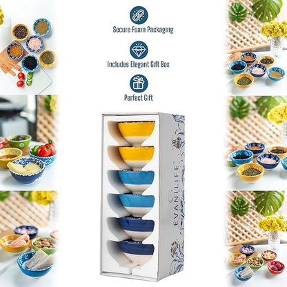 Ceramic Small Dipping Bowls Set of 6, 3.5 Oz Soy Sauce Dish, Handmade Charcuterie, Colorful Pinch, Dishwasher & Microwave Safe, 3.2'' Mini (NAZAR CHARM)