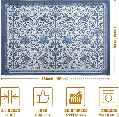 Blue Floral Boho Placemats Set of 4, 12x18 Inch Vintage Chinoiserie Block Print Place Mats Seasonal Spring Summer Rustic Farmhouse Table Mats for Party Kitchen Dining Outdoor Indoor Decor