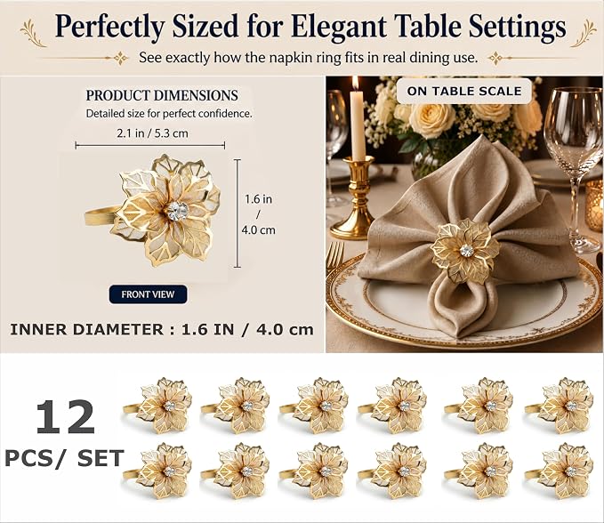 Gold Napkin Rings Set of 12 – Floral Design – Elegant Napkin Ring Holders - Image 2