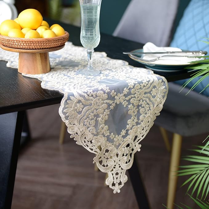 SUTAVIA Lace Table Runner 12"×120" Gold Embroidered Dresser Scarf | Classic by SUTAVIA