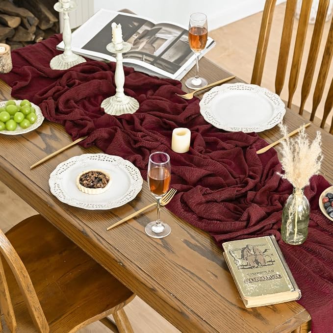 Artoid Mode 3PC Boho Cheesecloth Gauze Burgundy Wedding Table Runner, 120 Inch - Image 5