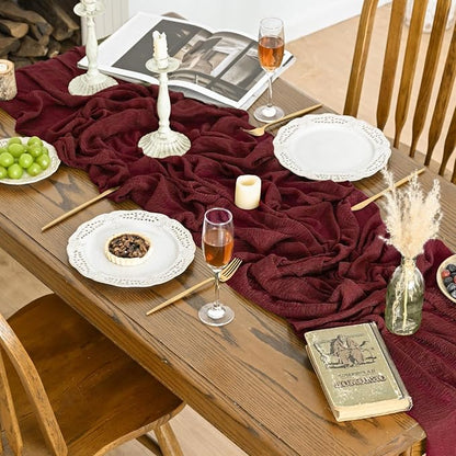 Artoid Mode 3PC Boho Cheesecloth Gauze Burgundy Wedding Table Runner, 120 Inch - Image 5