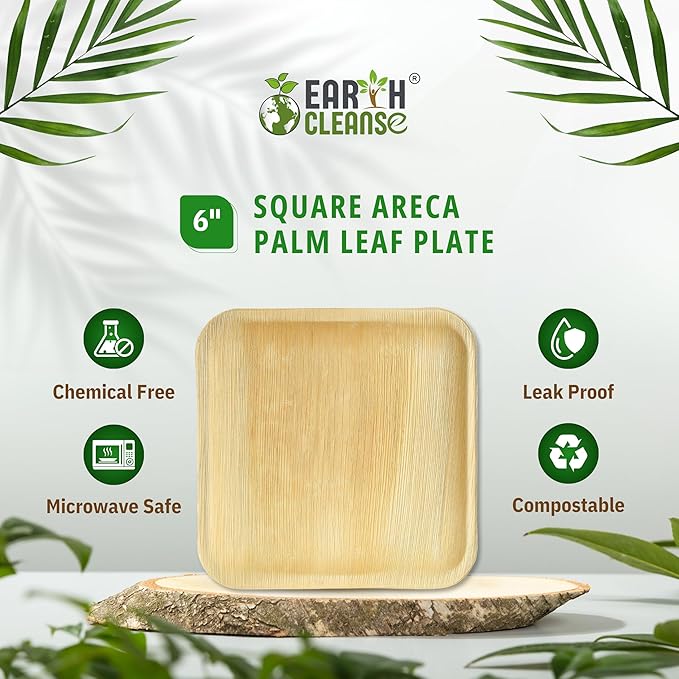 Compostable Palm Leaf Plates 6 Inch Square (50 Pack) | Disposable Biodegradable Plates Like Bamboo & Wooden | Microwave & Oven Safe | Eco-Friendly