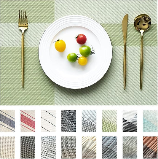Placemats Set of 12 Vinyl/Plastic Woven Place Mats for Kitchen Table Indoor/Outdoor Washable Placemat Wipeable Dining Table Mats (Green Cube,12)