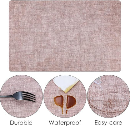 Placemats Set of 6 Faux Leather Heat Resistant Tables Mats Waterproof Oilproof Wipeable Reversible Anti-Slip Place Mats for Kitchen/Dining/Party/Outdoor 11.8" x 16.9", Pink
