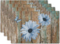 Giwawa Rustic Daisy Placemats Set of 4- Blue Sunflowers on Vintage Wood Board Linen Place Mat- Farmhouse Wooden Washable Heat Resistant Table Mats for Kitchen Dining Cabin Lodge Decor