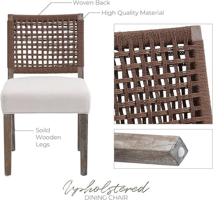 Farmhouse Dining Chairs Set of 4 Linen Fabric Upholstered Accent Side Chair, Mid Century Modern Kitchen & Dining Room Chairs with Woven Rope Back for Home, Living Room, Bedroom - Beige