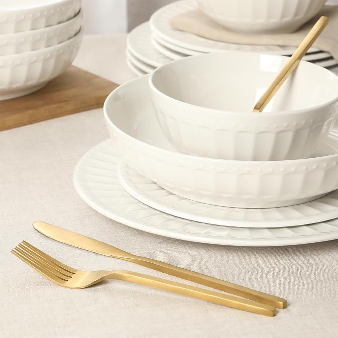Gibson Home Melbourne White Plates and Bowls Set, 16 Piece Embossed Ceramic - Image 6