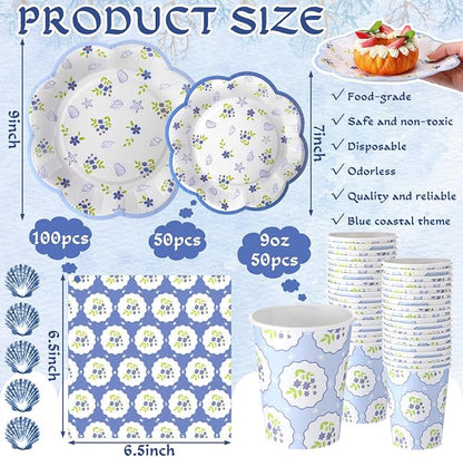 250 Pcs Blue Seashell Disposable Paper Plates and Napkins | Scalloped Design - Image 4