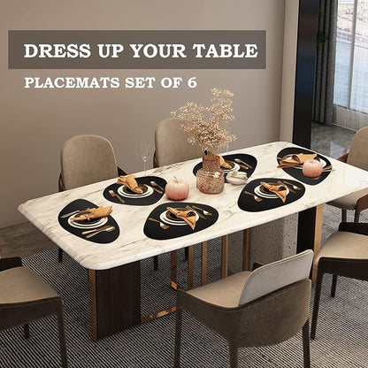 Placemats Set of 6, Faux Leather Placemats with Coasters, Black Table Mats Set of 6 Heat Stain Scratch Resistant Waterproof Washable Wipeable Place Mats for Dining Patio Table Kitchen