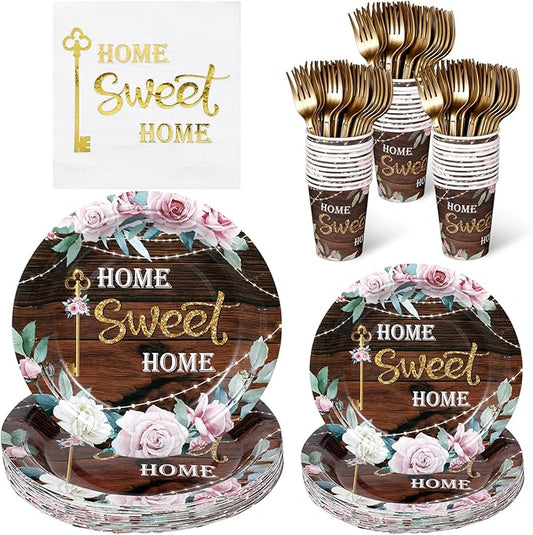 Zubebe 120 Pcs Housewarming Party Tableware Home Sweet Home Plates and Napkins Disposable Sets Rustic Leaves Floral House Warming for New House Wedding Party Supplies Serve 24 Guests(Boho Style)