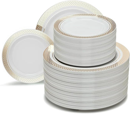 OCCASIONS 240 Plates Pack,(120 Guests) Heavyweight Premium Wedding Party Disposable Plastic Plates Set -120 x 10.5'' Dinner + 120 x 7.5'' Salad/Dessert (Celebration White & Gold)